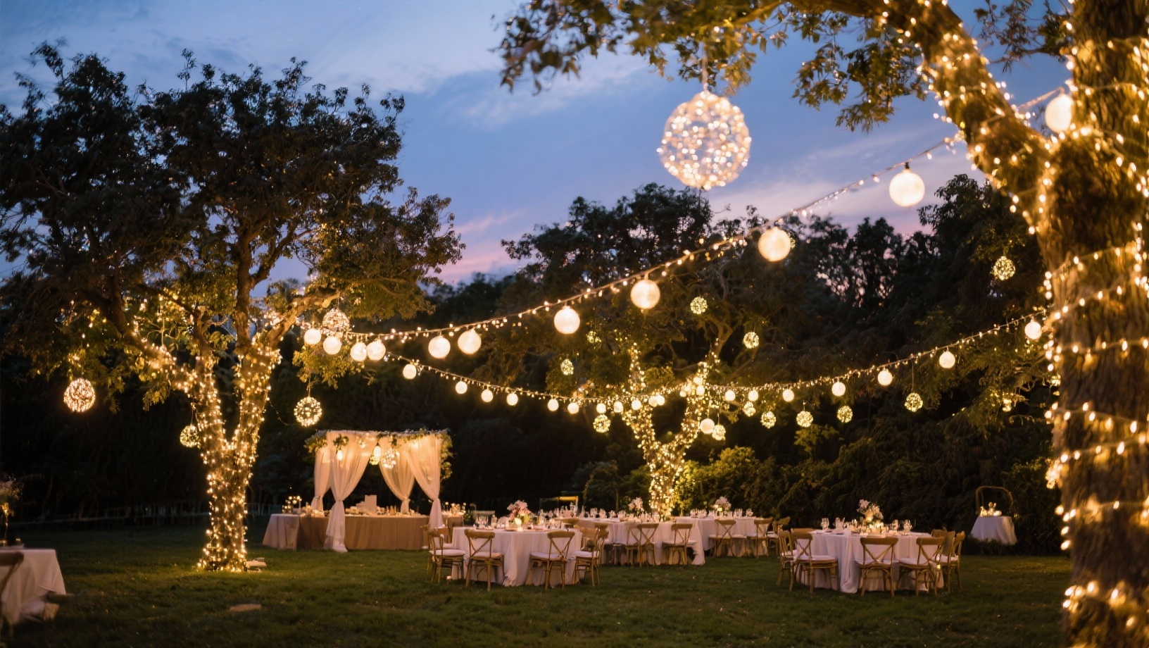 Éclairage féerique pour soirée de mariage en plein air Guirlandes lumineuses et lanternes illuminant une réception de mariage en extérieur